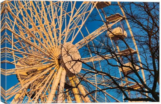 A ferris wheel against a clear blue sky at sunset, with trees in the foreground. Canvas Print by Man And Life