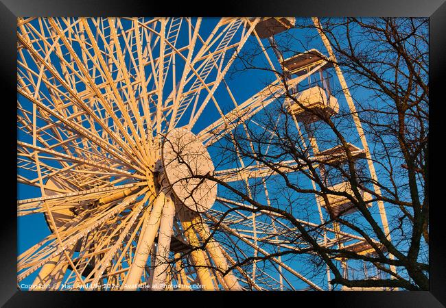 A ferris wheel against a clear blue sky at sunset, with trees in the foreground. Framed Print by Man And Life