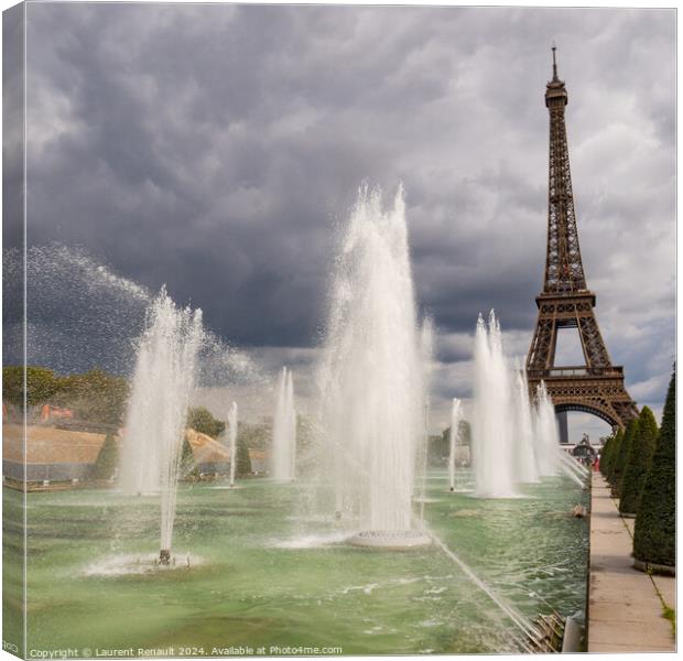 Eiffel Tower viewed through the Trocadero Fountains in Paris, sq Canvas Print by Laurent Renault