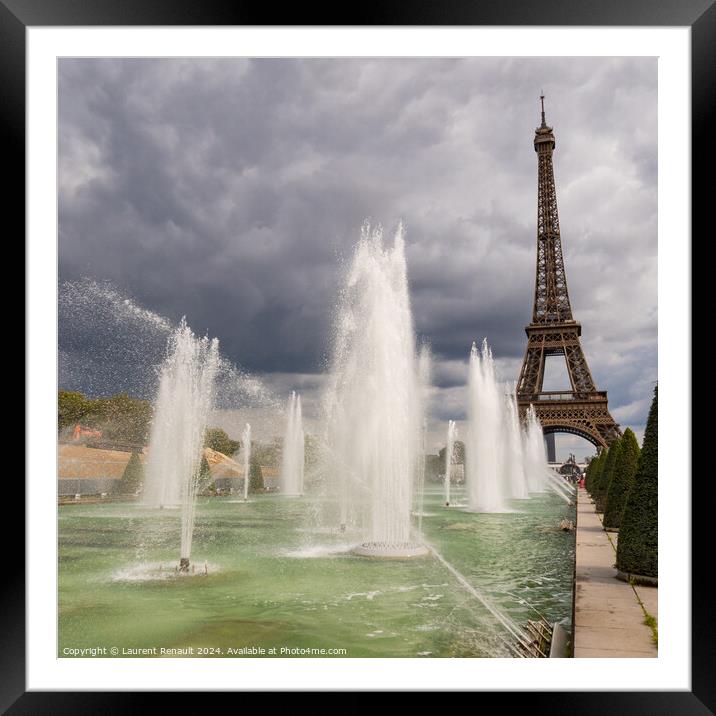 Eiffel Tower viewed through the Trocadero Fountains in Paris, sq Framed Mounted Print by Laurent Renault