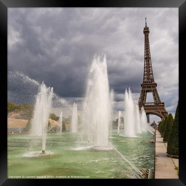 Eiffel Tower viewed through the Trocadero Fountains in Paris, sq Framed Print by Laurent Renault