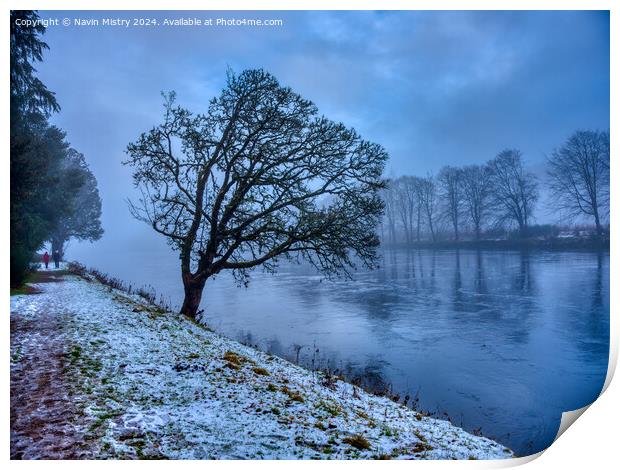 A winter scene of the River Tay at Dunkeld Print by Navin Mistry