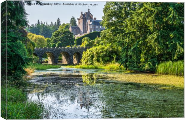 Stone bridge and pond in Drummond Castle Gardens Canvas Print by Angus McComiskey
