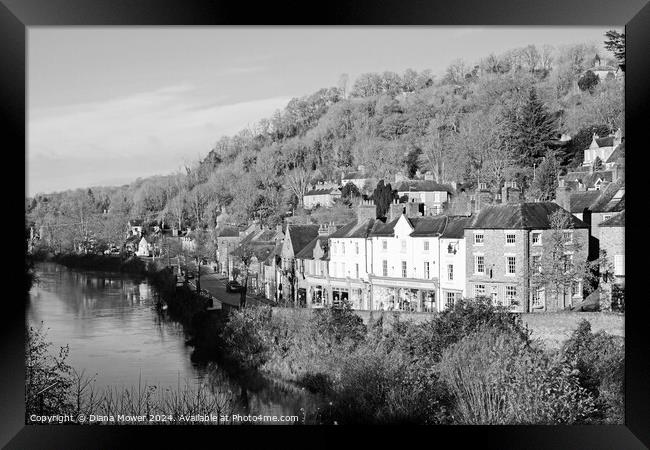 Ironbridge High Street and River Severn Monochrome Framed Print by Diana Mower
