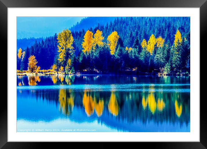 Blue Water Yellow Trees Gold Lake Autumn Washington Framed Mounted Print by William Perry