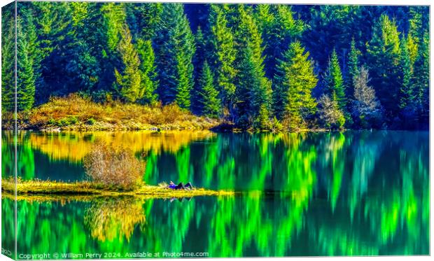 Green Yellow Autumn Reflection Colors Gold Lake Washington Canvas Print by William Perry