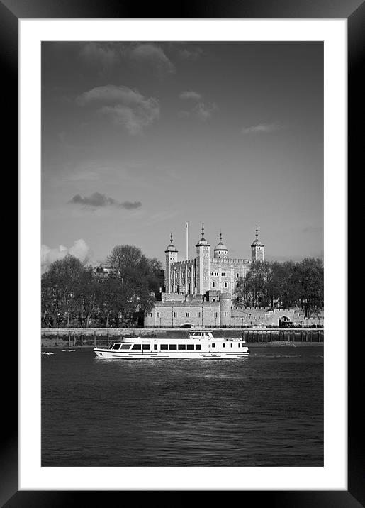 Tower of London with tourist boat B&W Framed Mounted Print by Gary Eason