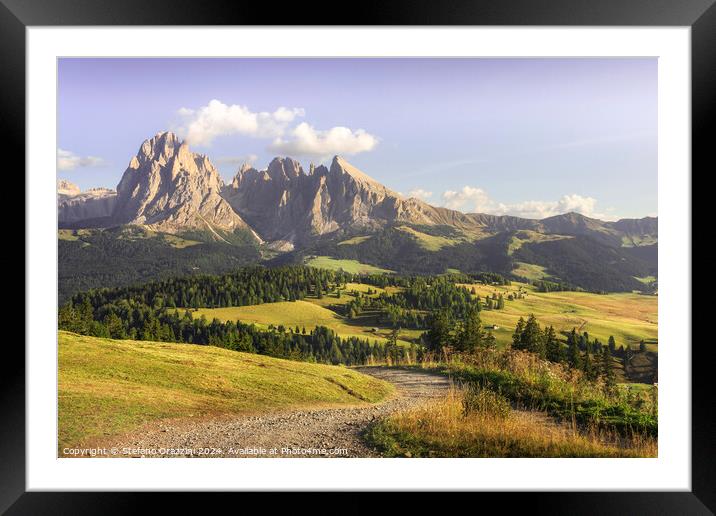 Seiser Alm, Sassolungo mountain and a pathway. Dolomites, Italy Framed Mounted Print by Stefano Orazzini