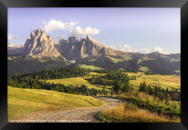 Seiser Alm, Sassolungo mountain and a pathway. Dolomites, Italy Framed Print by Stefano Orazzini