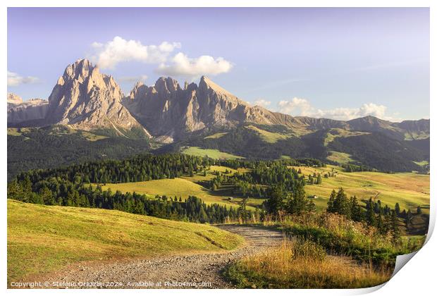 Seiser Alm, Sassolungo mountain and a pathway. Dolomites, Italy Print by Stefano Orazzini