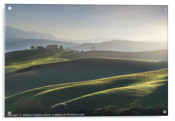 Landscape in Val d'Orcia with farmhouse and rolling hills. Tuscany Acrylic by Stefano Orazzini