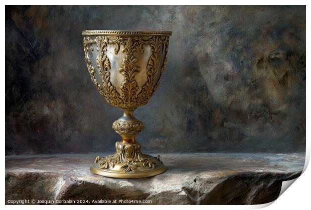 Golden cup represents the Christian holy grail. Print by Joaquin Corbalan