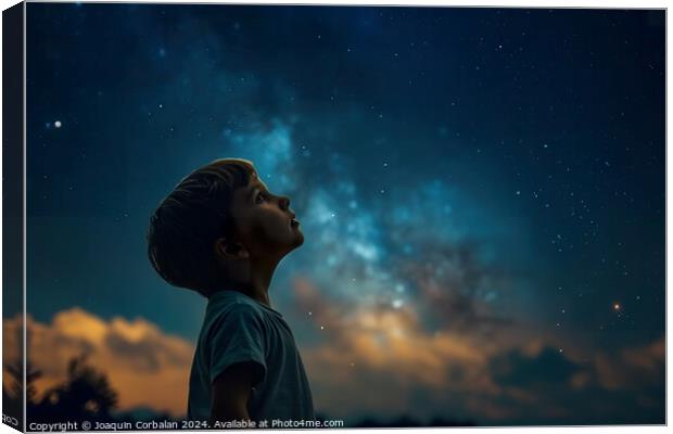 Child marvels at the beautiful starry sky on a sta Canvas Print by Joaquin Corbalan