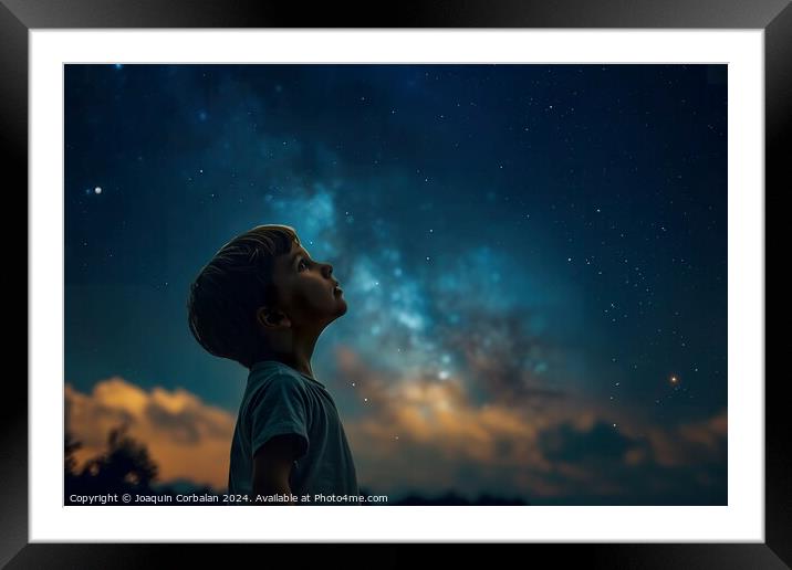 Child marvels at the beautiful starry sky on a sta Framed Mounted Print by Joaquin Corbalan