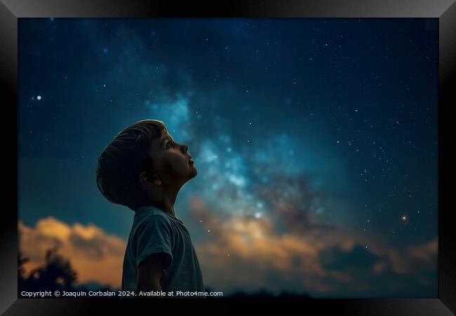 Child marvels at the beautiful starry sky on a sta Framed Print by Joaquin Corbalan