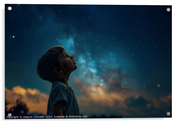 Child marvels at the beautiful starry sky on a sta Acrylic by Joaquin Corbalan