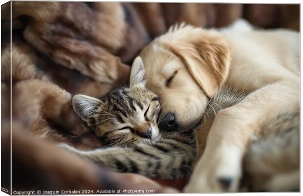 A dog puppy and a kitten sleep together as compani Canvas Print by Joaquin Corbalan