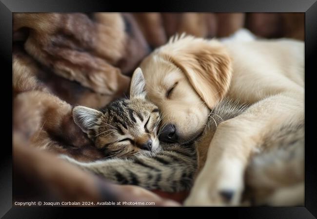 A dog puppy and a kitten sleep together as compani Framed Print by Joaquin Corbalan