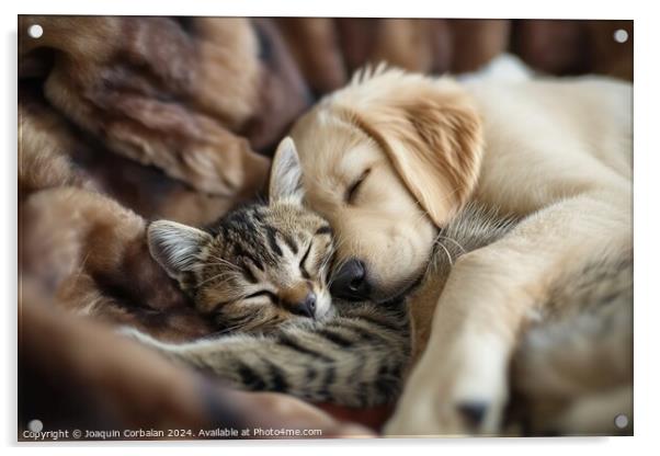 A dog puppy and a kitten sleep together as compani Acrylic by Joaquin Corbalan