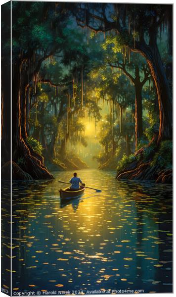 Canoeing in the Bayou Canvas Print by Harold Ninek