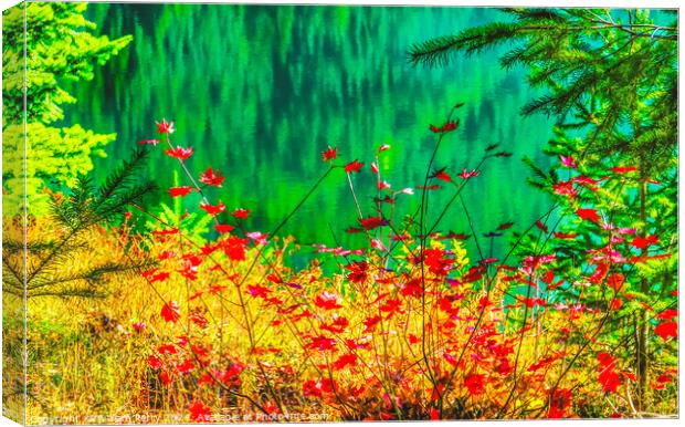 Red Maple Leaves Green Yellow Gold Lake Washington Canvas Print by William Perry