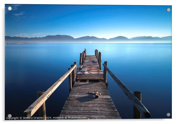 Wooden pier at sunrise. Lake Massaciuccoli, Tuscany, Italy Acrylic by Stefano Orazzini