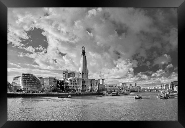 Thames view with Shard, B&W version Framed Print by Gary Eason
