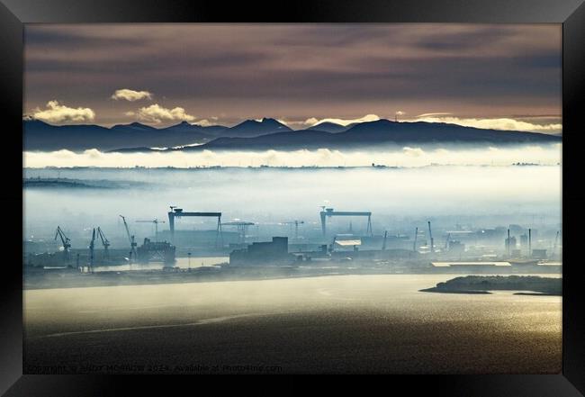 Belfast Harbour Cranes and Mourne Mountains Framed Print by ANDY MORROW