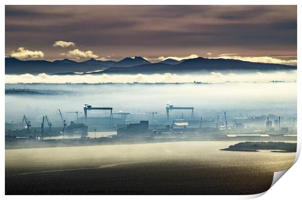 Belfast Harbour Cranes and Mourne Mountains Print by ANDY MORROW
