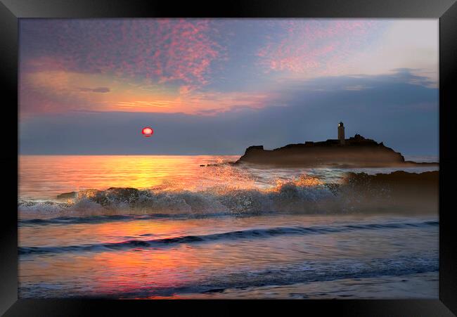 Godrevy Lighthouse Sunset Framed Print by Alison Chambers