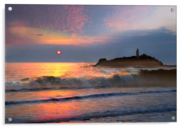 Godrevy Lighthouse Sunset Acrylic by Alison Chambers