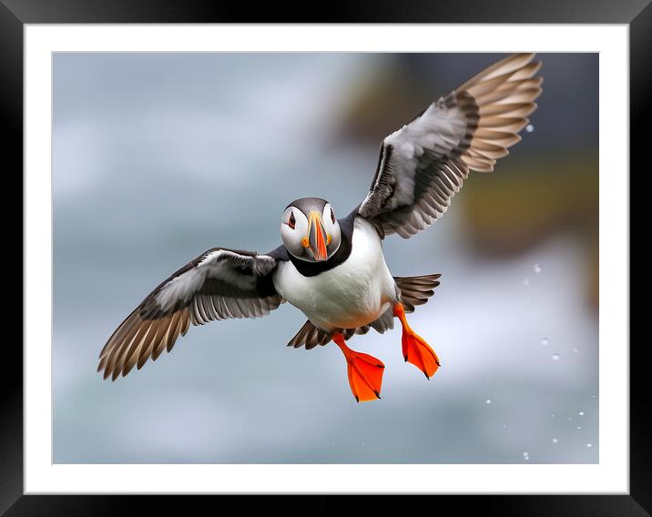 Atlantic Puffin in Flight Framed Mounted Print by T2 