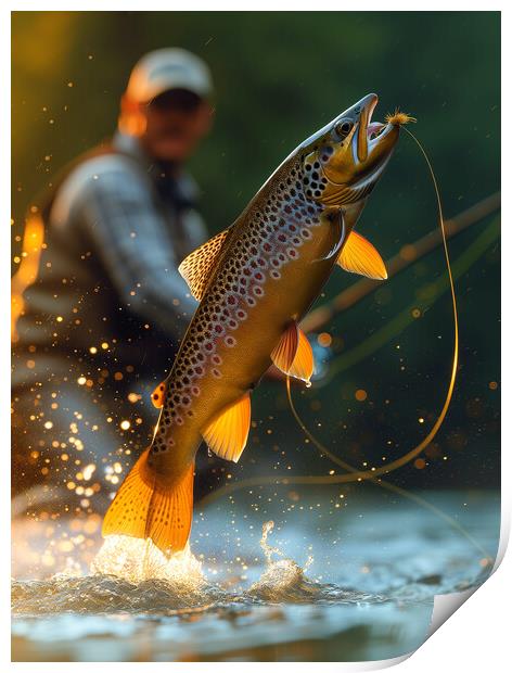 Fly Fishing for Brown Trout Print by T2 