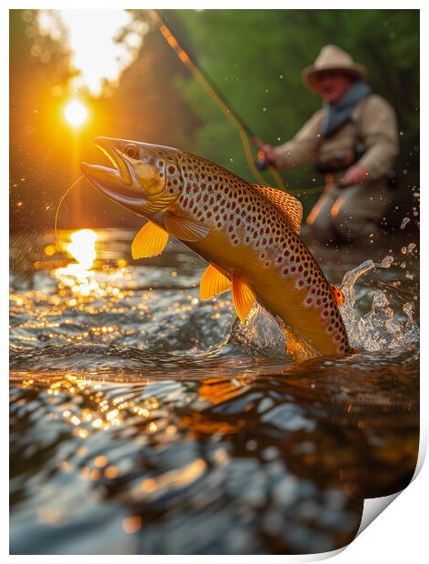 Fly Fishing for Brown Trout Print by T2 