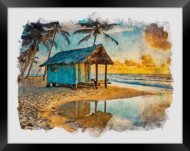 Beach Hut At Sunset Framed Print by Artificial Adventures