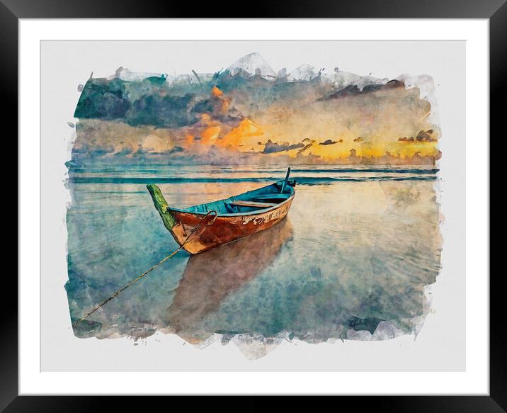 Fishing Boat At Sunset Framed Mounted Print by Artificial Adventures