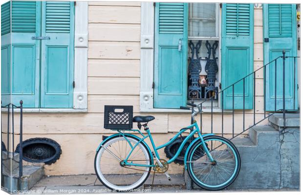 Historic New Orleans French Quarter Home in Pastel Blue and Beige with Bicycle and Dogs Canvas Print by William Morgan