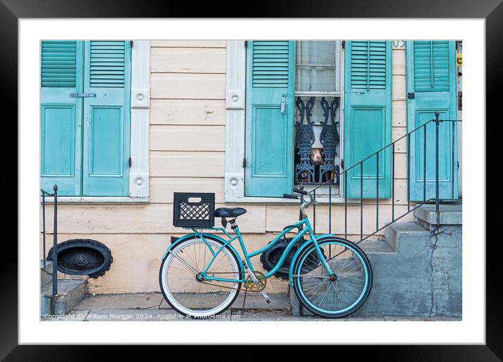Historic New Orleans French Quarter Home in Pastel Blue and Beige with Bicycle and Dogs Framed Mounted Print by William Morgan