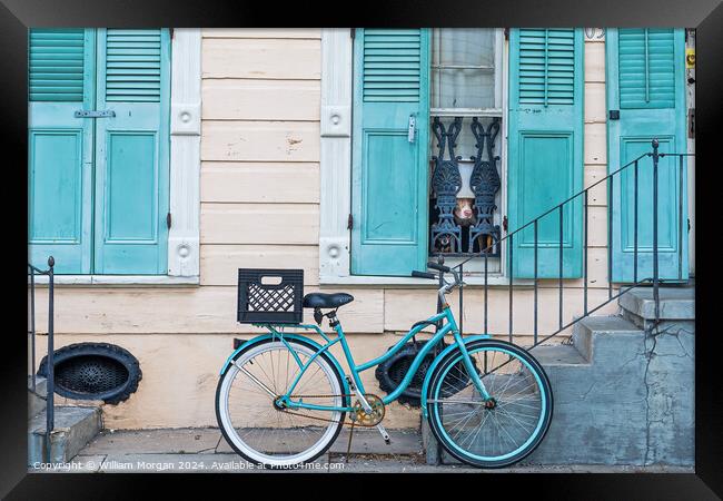 Historic New Orleans French Quarter Home in Pastel Blue and Beige with Bicycle and Dogs Framed Print by William Morgan