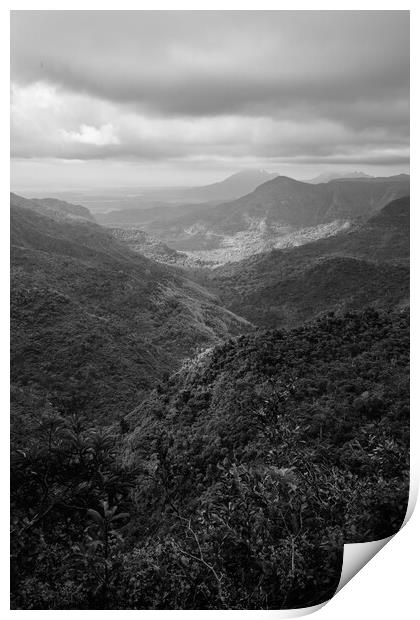 Black River Gorge Viewpoint in Mauritius Black and White Print by Dietmar Rauscher
