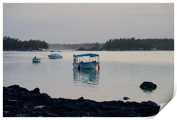 Pleasure Boats at Blue Bay Beach, Mauritius Print by Dietmar Rauscher