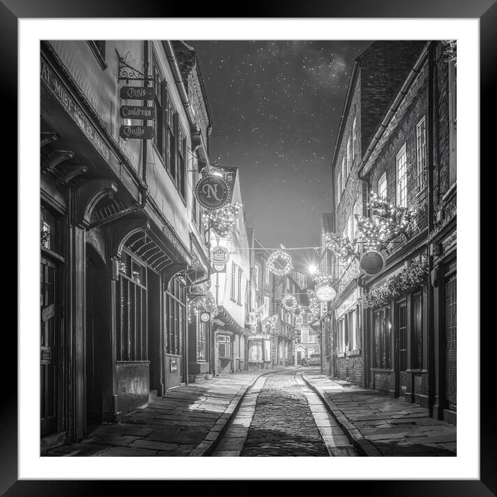 York Shambles Christmas Black and White Framed Mounted Print by Tim Hill