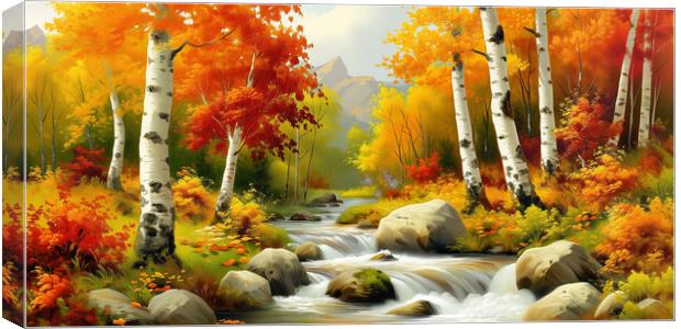 Autumn Woodland Stream Painting Canvas Print by T2 
