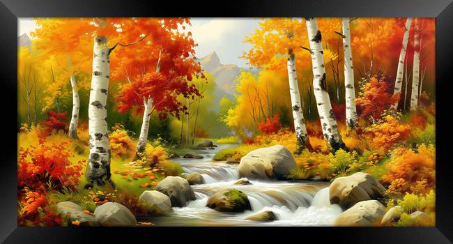 Autumn Woodland Stream Painting Framed Print by T2 
