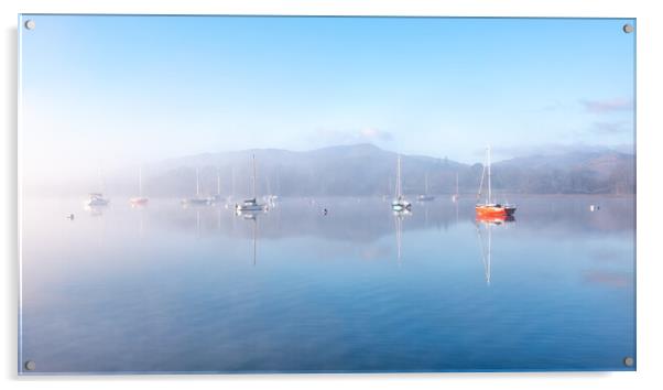 Sailing Boats on Windermere on a winters morning with mist and sun glow Acrylic by Julian Carnell