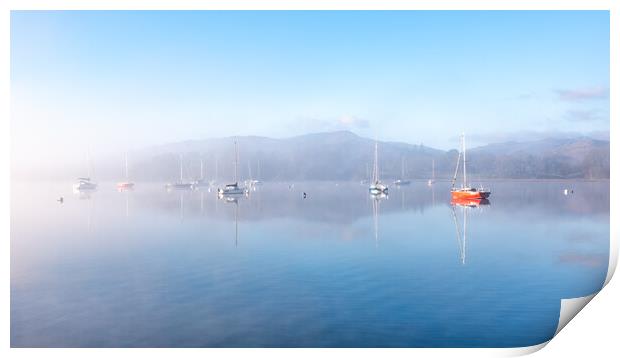 Sailing Boats on Windermere on a winters morning with mist and sun glow Print by Julian Carnell