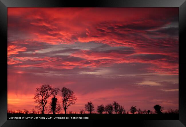 Tree silhouettes sunrise  Framed Print by Simon Johnson