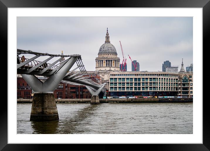 St Paul's Cathedral, the Millenium Bridge and the  Framed Mounted Print by John Frid