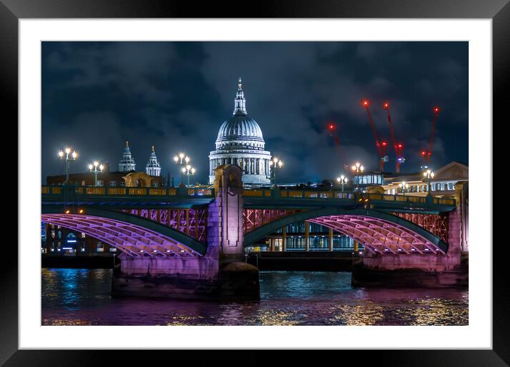 Southwark Bridge and St Paul's Cathedral at Night Framed Mounted Print by John Frid