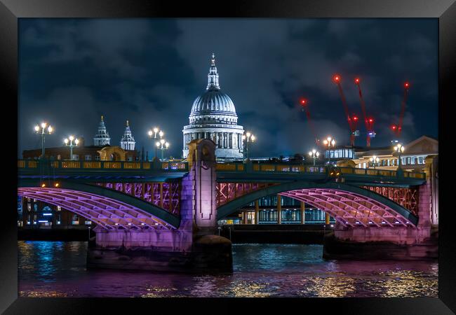 Southwark Bridge and St Paul's Cathedral at Night Framed Print by John Frid